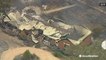 Aerial views of devastated houses, burnt-out cars and fire