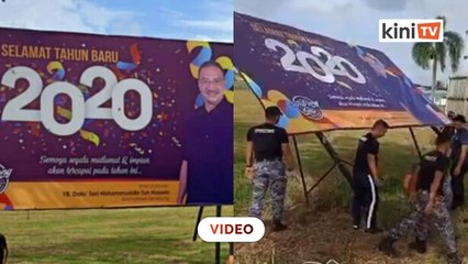 Papan tanda ucapan tahun baru Hishammuddin diroboh
