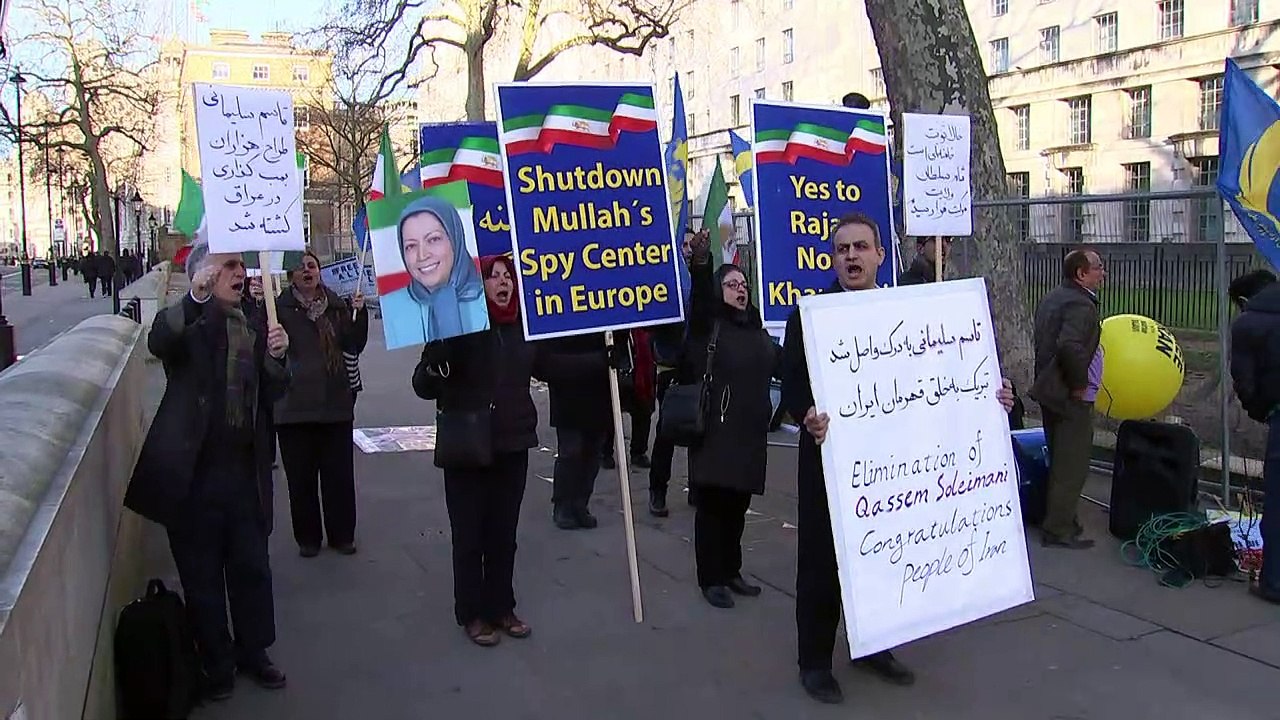 Protesters celebrate Iran general's death outside Downing St