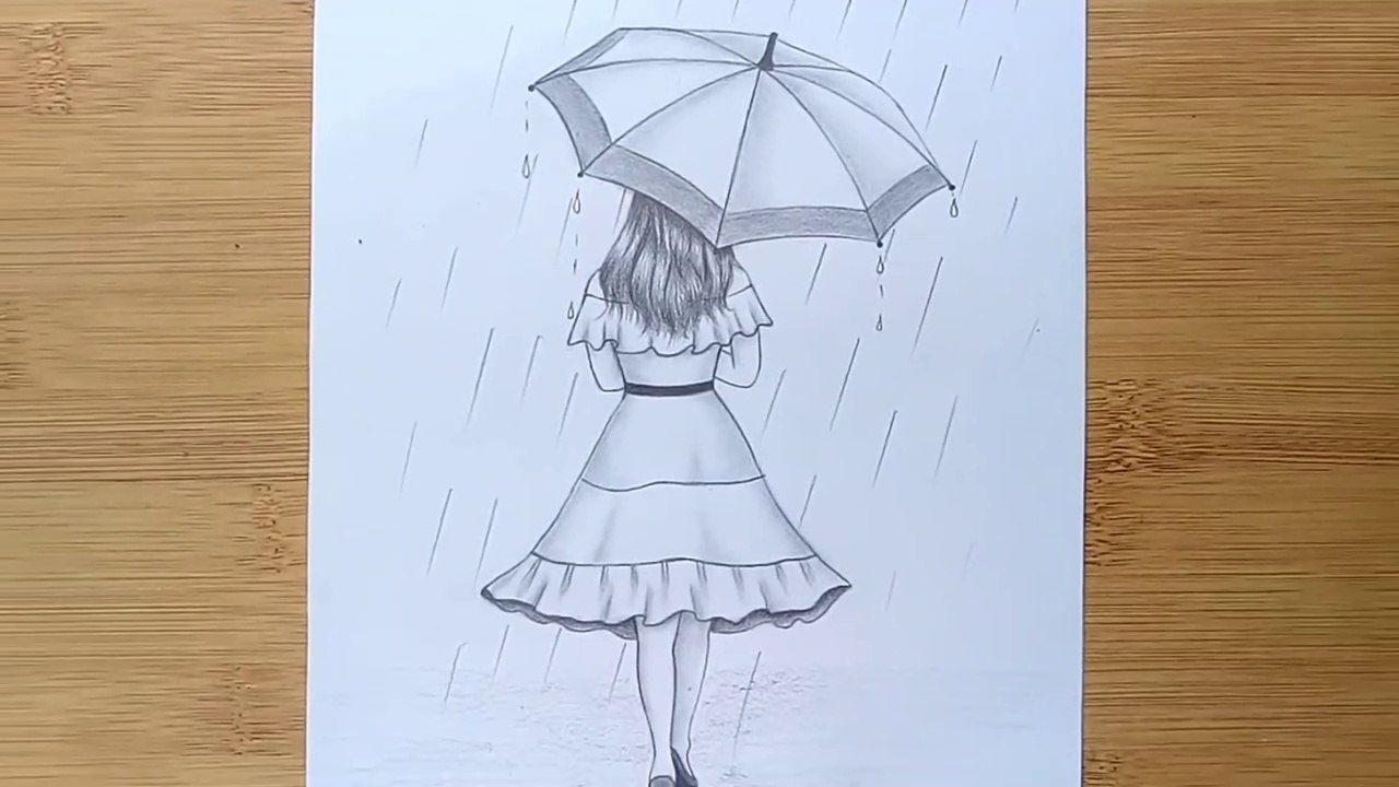 Easy way to draw a girl with umbrella __ A rainy day pencil sketch