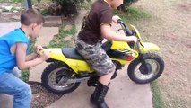 A little kid runs straight with dirt bike and get BOOM