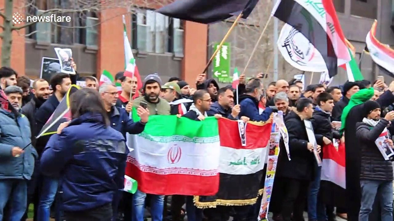 Dozens gather outside US embassy in London to protest against killing of Iranian general