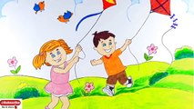 Scenery Of Kite Flying Kids-Makar Sankranti Festival Kids Flying Kite Drawing