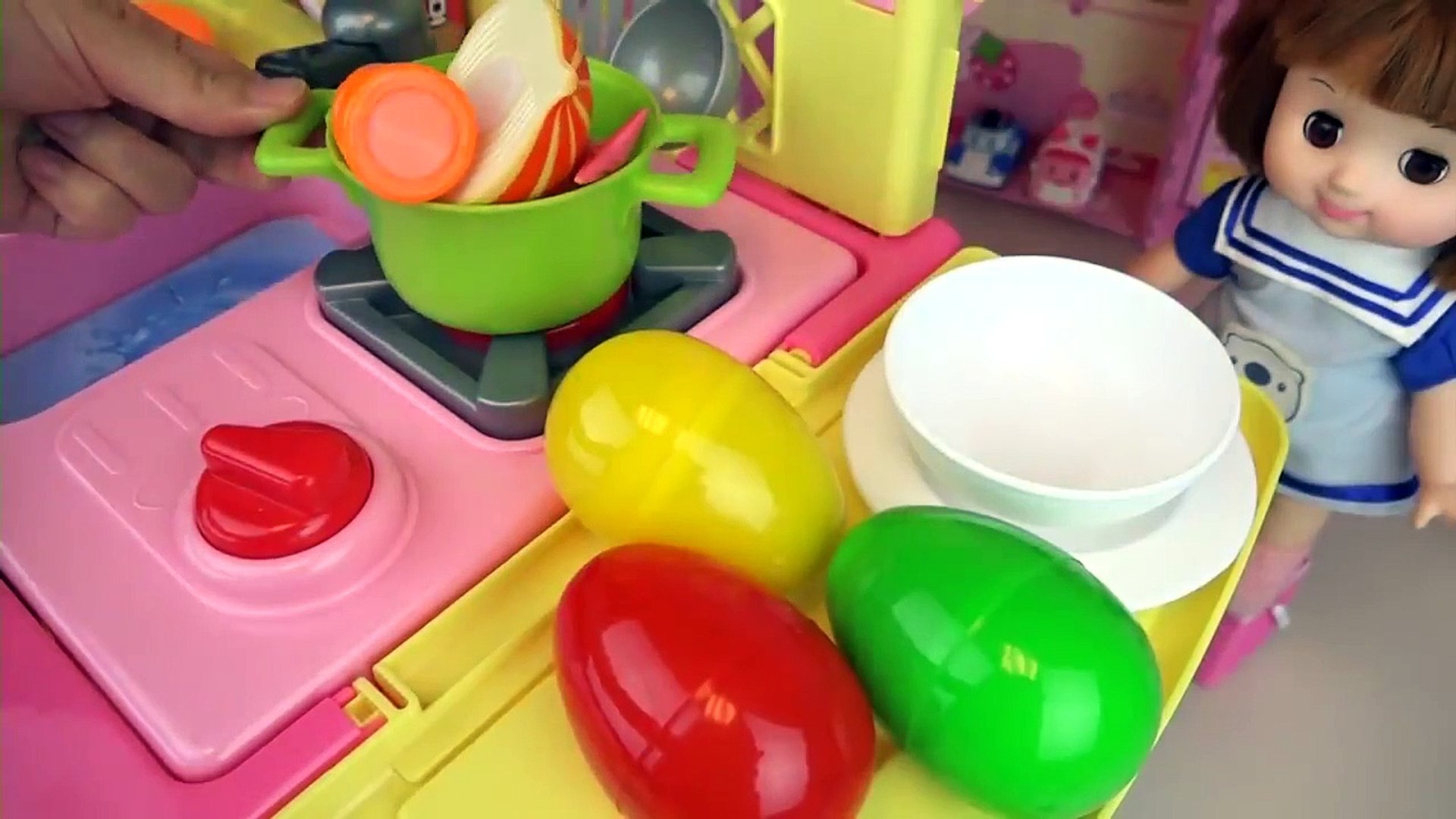 Baby doll kitchen and store play doh cooking toys play