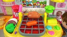 Baby doll and grill kitchen food cooking toys play