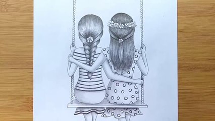 How to draw Best friends sitting together on a swing -- Pencil Sketch Tutorial