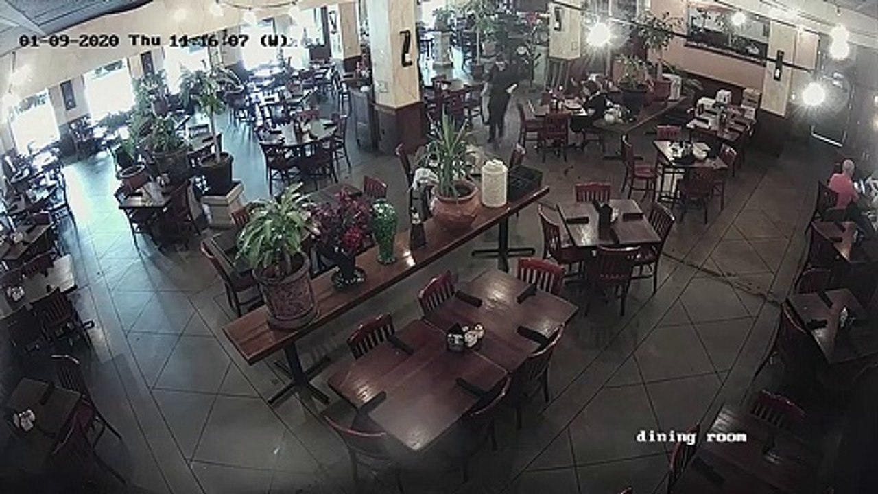 Runaway Tire Bursts through Restaurant Window