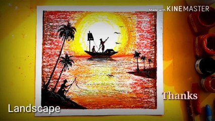 Beautiful sunset landscape painting oil pastels colour