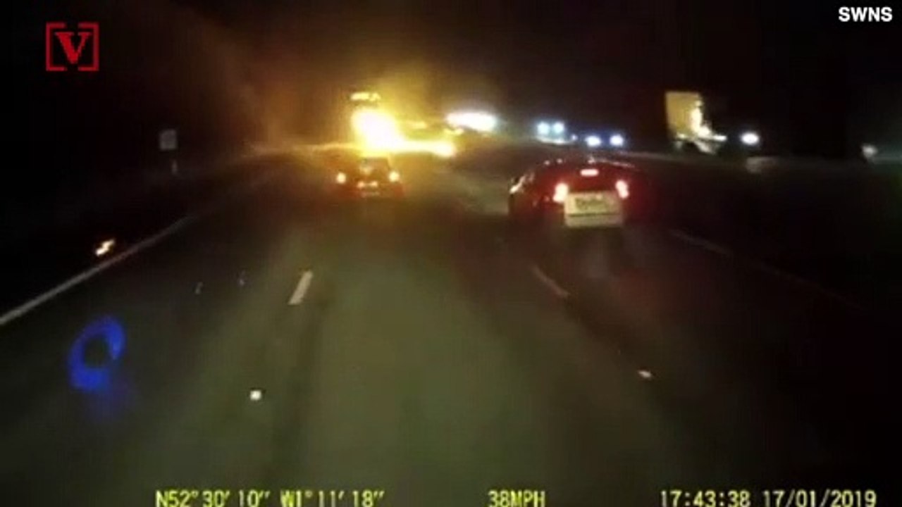 Shocking Footage Shows Hero Truck Driver Saving Woman from Burning Car Moments Before Gas Tank Explodes