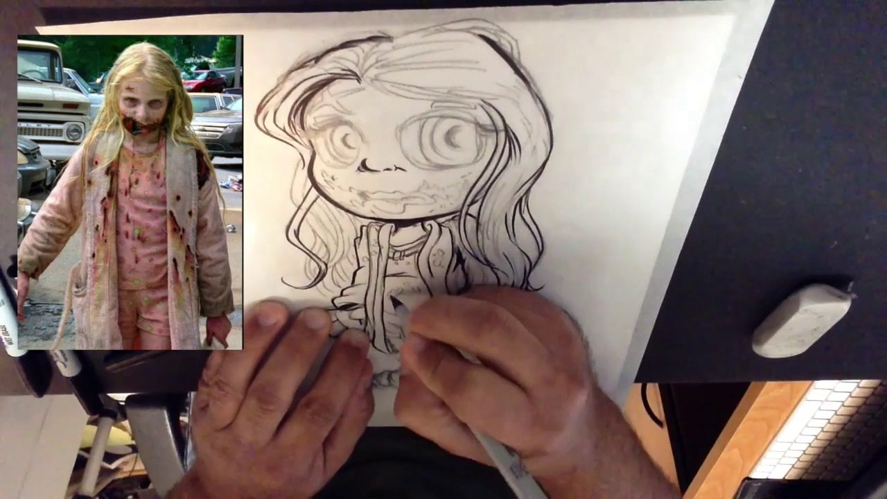 Inking in "Hannah" the little zombie girl from the Walking Dead