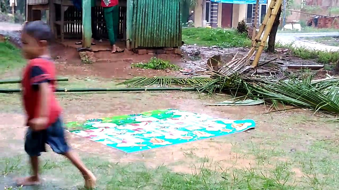 The kid playing rain makes a tree house