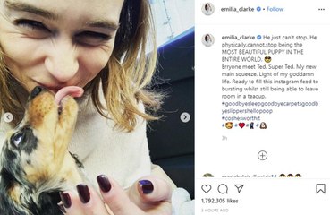 Emilia Clarke apresenta cachorro a seguidores