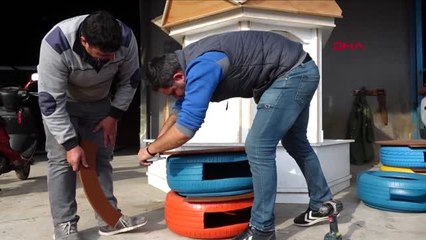 Muğla belediye araçlarının eski oto lastikleri kedi evi oldu