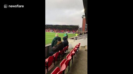 Moped enters English football stadium at half time to "deliver pizza to fan"