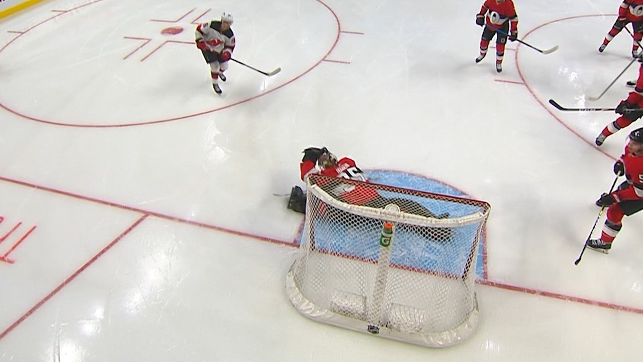 Marcus Holberg robs Jacks Hughes with a glove save