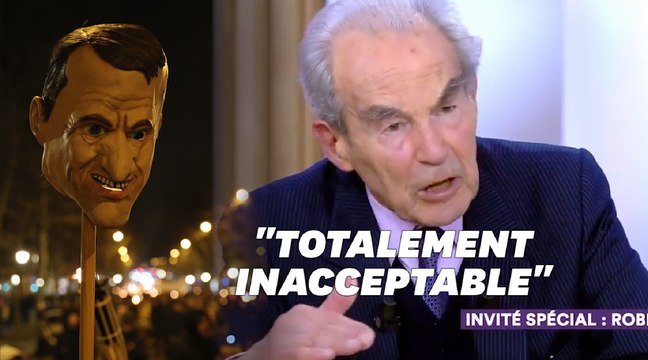 Robert Badinter très en colère face à la tête d'Emmanuel Macron sur une pique