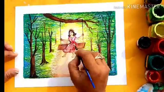 Oil pastels colour painting /How to draw a beautiful girl playing on tree