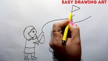 How to draw children flying kites scenery || kids flying kites landscape drawing