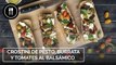 Crostini de pesto, burrata y tomates al balsámico, una receta rica y súper fácil