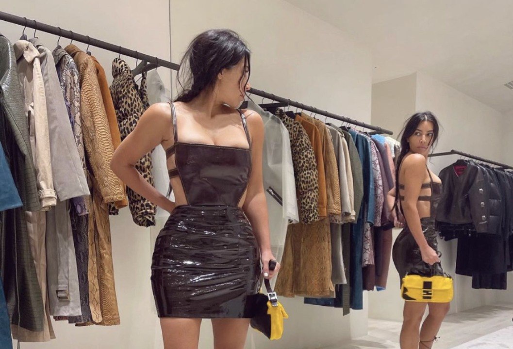 Kim Kardashian Asked Followers Which Super High Stilettos Match Her Latex Mini Dress
