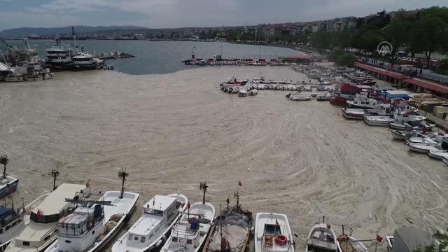 Lodos nedeniyle balıkçı barınağı kıyısı deniz salyasıyla kaplandı