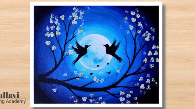 How to draw night painting with love birds in moonlight _Pallavi Drawing Academy