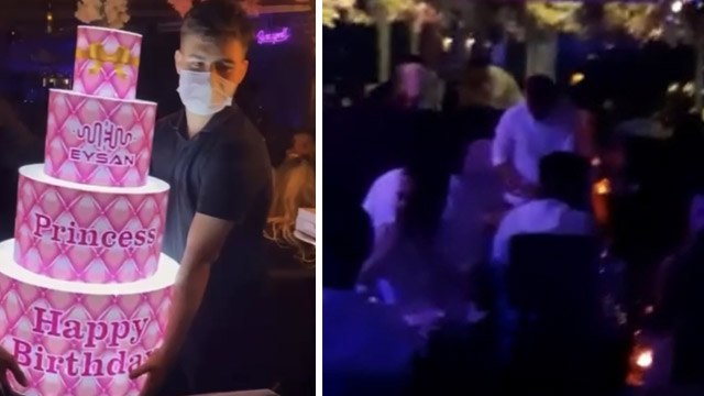 Kısıtlamada otel terasında meşaleli doğum günü partisi kamerada