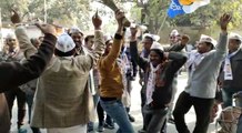 Celebration by AAP supporters as party leads by huge margin