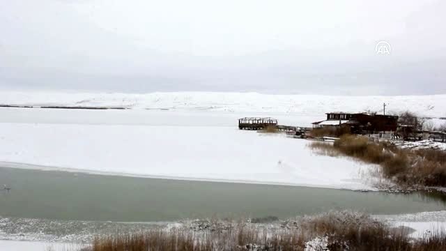 Tödürge Gölü'nün yüzeyi buz tuttu
