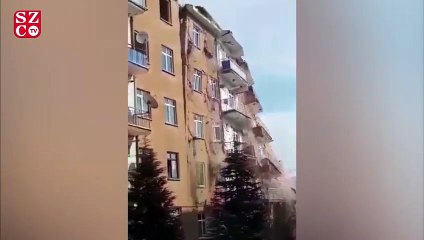 Deprem sonrası hasarlı bina böyle çöktü