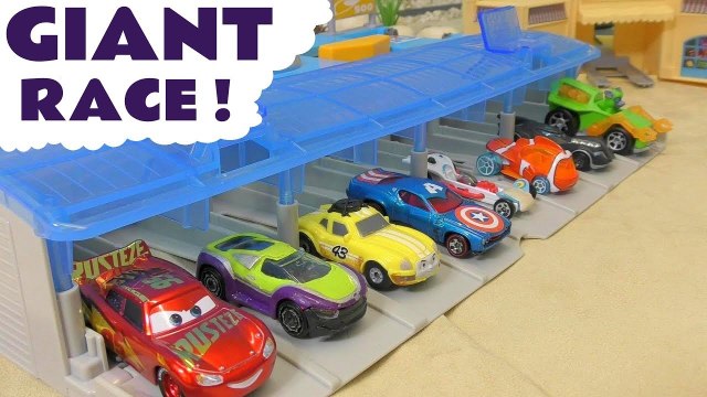Hot Wheels Giant Funlings Race with Disney Pixar Cars 3 Lightning McQueen vs DC Comics The Joker and Toy Story 4 with Paw Patrol in this Full Episode English