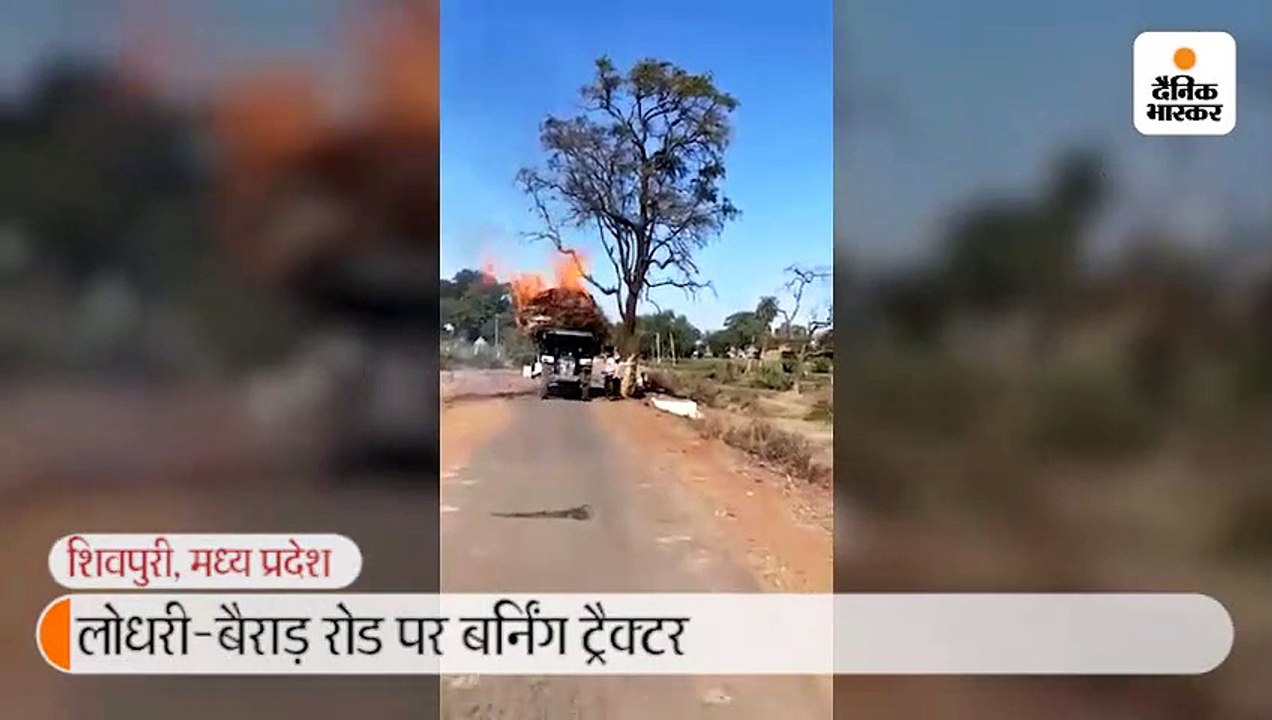 बर्निंग ट्रैक्टर: हाईटेंशन लाइन से भूसे से भरी ट्रॉली में लगी आग, किसान ने कूदकर बचाई अपनी जान