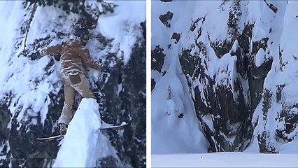 Un snowboarder bloqué contre une falaise