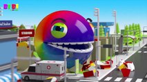 Pacman hide and roll around city and he eat many fruits on tow truck