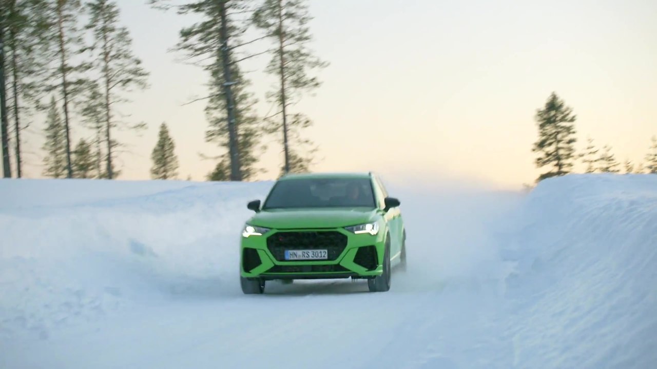 The new Audi RS Q3 in Kyalami Green Driving on ice