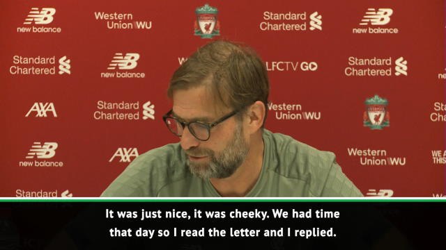 Klopp enjoyed replying to 'cheeky' Man United fan letter