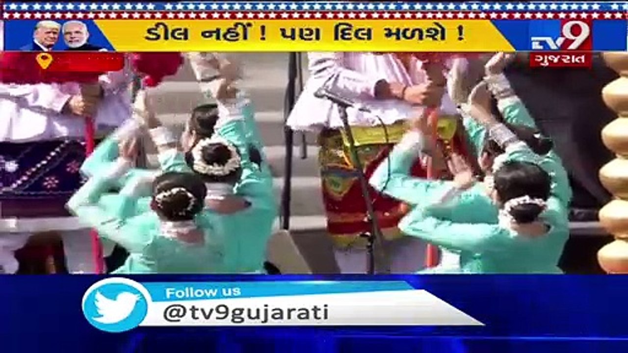 A group of dancers performing at Motera Stadium in Ahmedabad, ahead of the arrival of Trump, Melania