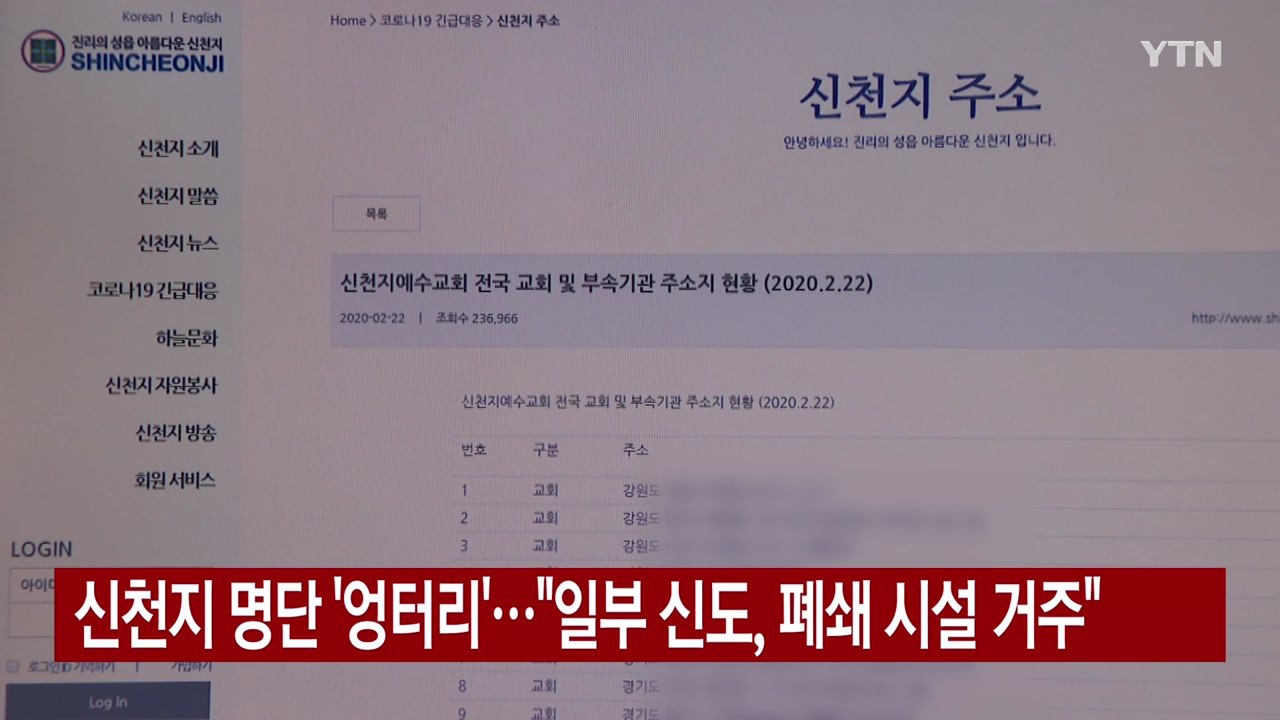 [YTN 실시간뉴스] 신천지 명단 '엉터리'..."일부 신도, 폐쇄 시설 거주" / YTN