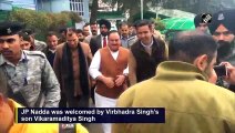 JP Nadda meets Virbhadra Singh at his residence in Shimla