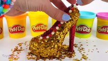 DIY How to Make Play Doh Dress and Shoes High Heels with Glitter for Disney Princess Belle Doll