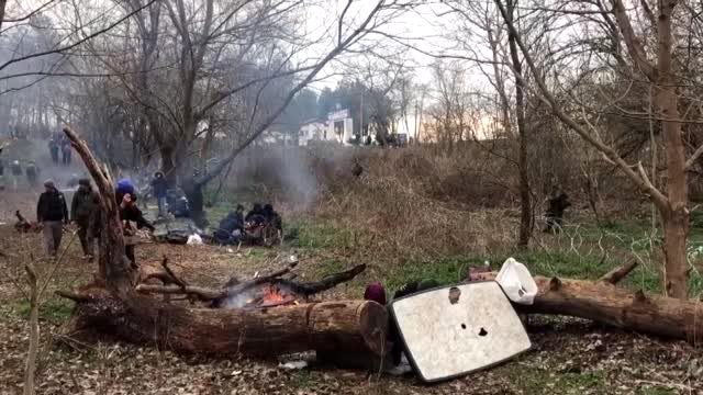 Düzensiz göçmenler ormanlık arazide ateş yakarak ısınmaya çalışıyor
