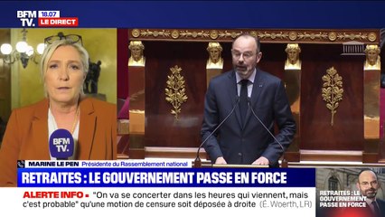 Pour Marine Le Pen, "un 49.3 le samedi soir, sachant que l'opposition à 24h pour déposer une motion de censure, c'est incorrect"