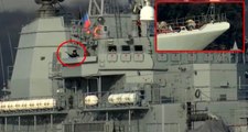 Rus savaş gemisinin Boğaz'dan geçişi sırasında ağır silahlı bir askerin nöbet tutuğu görüldü