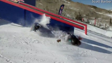 Snowboarder Suffers Heavy Slam during Practice