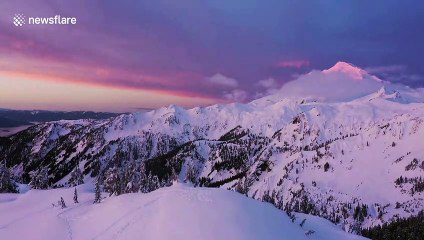 Stunning aerial view of sunrise over Mount Baker in Washington state