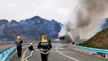 26-tons of fireworks set off after transport truck tips over and catches fire on Chinese highway