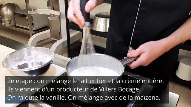 Le pâtissier Alban Guilmet de Caen, réalise sa recette de flan à la vanille.