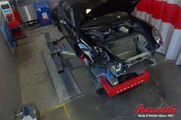 Porsche auto body repair with Celette frame machine in Barsotti's Body & Fender Service-California