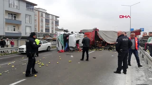 TIR devrildi, meyveler yola saçıldı