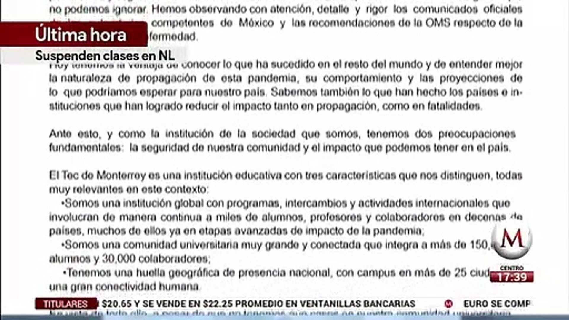 Tec de Monterrey suspende clases por coronavirus